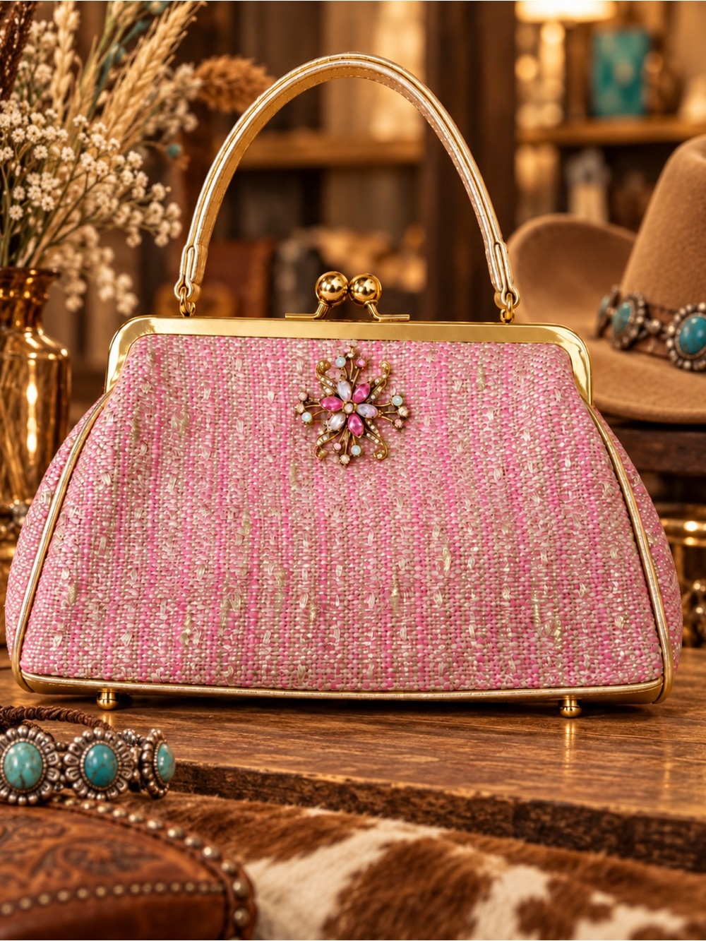Glenda Gies Pink Gold Jeweled Tweed Handbag Vintage Style Top Handle Purse
